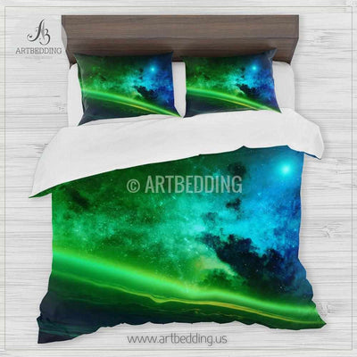 Earth from Space bedding, Space Bedding set, Blue and green nebula galaxy Duvet Cover set, Space bedroom Bedding set