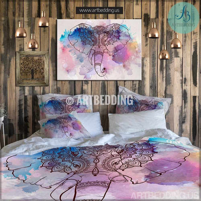 Elephant bedding, Bohemian duvet cover set, Elephant Ganesh watercolor bedding set, Boho grunge elephant bedroom interior Bedding set