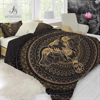 Elephant bedding, Bohemian Indie Ganesha duvet cover set, Black and beige Indie elephant duvet, boho bedspread Bedding set