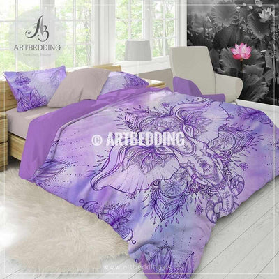 Elephant bedding, Bohemian Indie Ganesha duvet cover set, Blue and purple elephant comforter set Bedding set