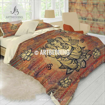Elephant bedding, Ganesha boho duvet cover set, Ganesha on lotus quilt cover, Boho elephant comforter set Bedding set