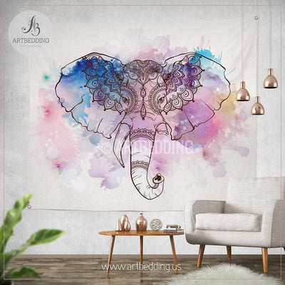 Elephant Tapestry, Bohemian wall tapestry, Hippie tapestry wall hanging, Ganesh wall tapestry, Watercolor elephant bohemian decor Tapestry