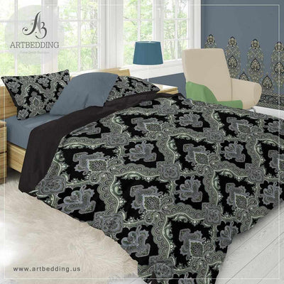 Ethno bohemian bedding, Indie black and tan paisley duvet cover set, Vintage boho paisley comforter set, bohemian bedroom decor Bedding set