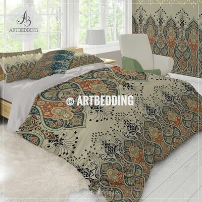 Ethno Indian bedding, Indie motifs tan duvet cover set, Traditional India boho paisley comforter set, bohemian bedroom decor Bedding set