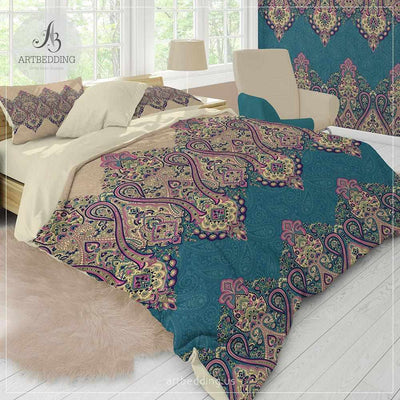 Ethno Indie boho bedding, Indie living coral and pink duvet cover set, Traditional India boho comforter set, boho bedroom decor Bedding set