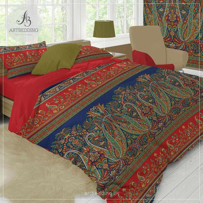 Ethno Indie boho bedding, Indie living coral and pink duvet cover set, Traditional India boho comforter set, boho bedroom decor Bedding set