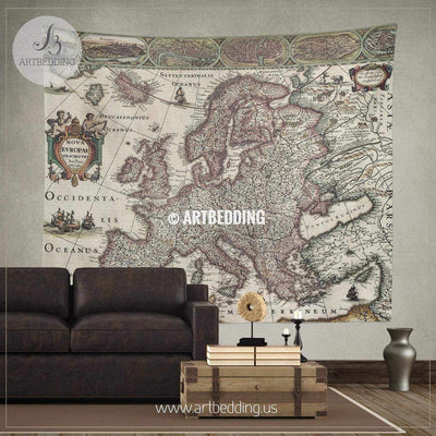 Europa old map 1623 wall tapestry, vintage interior map wall hanging, old map wall decor, vintage map wall art print Tapestry