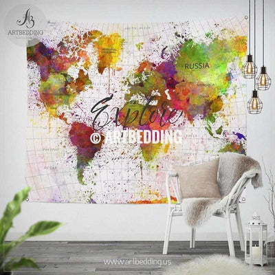 Expore world map wall Tapestry, Detailed World map watercolor wall tapestry, Adventure art world map wall decor, bohemian wall decor Tapestry