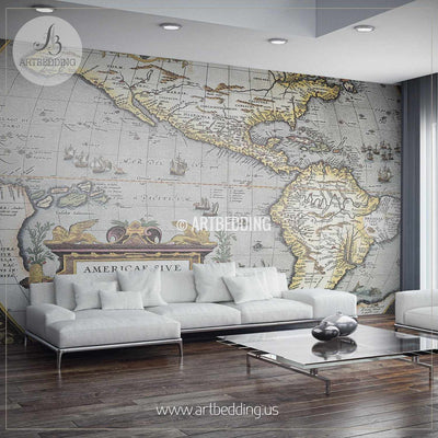 First Atlas of America in the World (1570) Wall Mural, Self Adhesive Peel & Stick Photo Mural, Atlas wall mural, mural home decor wall mural