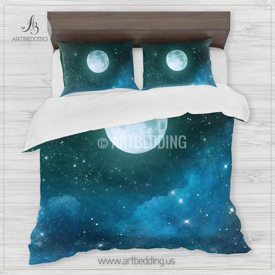 Full moon bedding set, Full moon over blue and green Nebula clouds with stars duvet bedding set, Space moon bedroom decor Bedding set