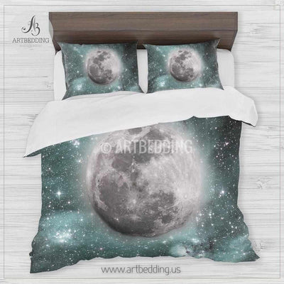 Full moon bedding set, Full moon over light green Nebula clouds with stars duvet bedding set, Space moon bedroom decor Bedding set