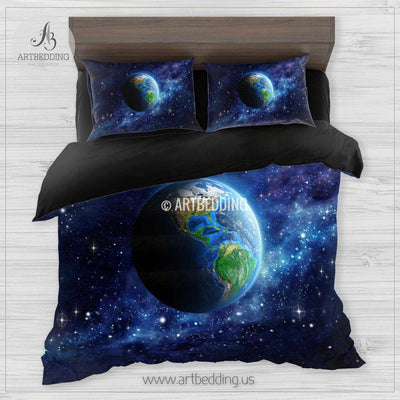 Galaxy bedding set, Artistic view of Earth from space duvet cover set, Stars nebula Bedding set, Cosmos bedroom decor Bedding set