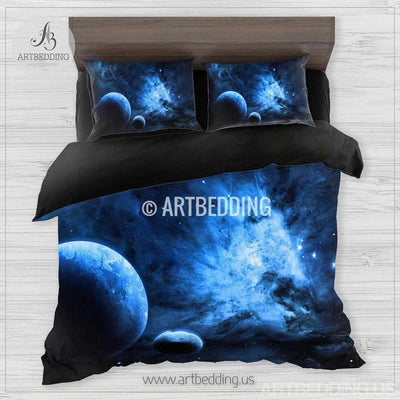 Galaxy bedding set, Blue planets in deep space duvet cover set, Stars nebula Bedding set, Cosmos bedroom decor Bedding set