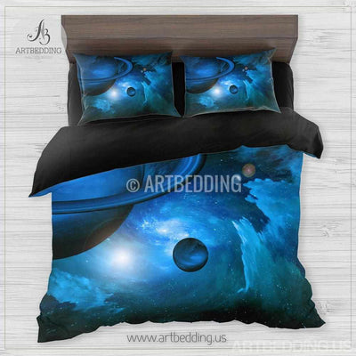 Galaxy bedding set, Blue planets in space duvet cover set, Stars nebula Bedding set, Cosmos bedroom decor Bedding set