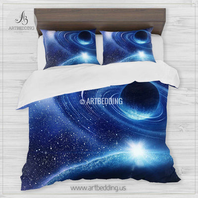 Galaxy bedding set, Blue planets in space duvet cover set, Stars nebula Bedding set, Cosmos bedroom decor Bedding set