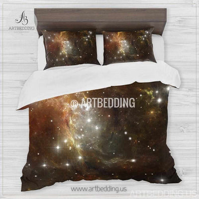 Galaxy bedding set, Cosmos duvet cover set, Gold nebula in deep space Bedding set, stars nebula sateen bedding set Bedding set