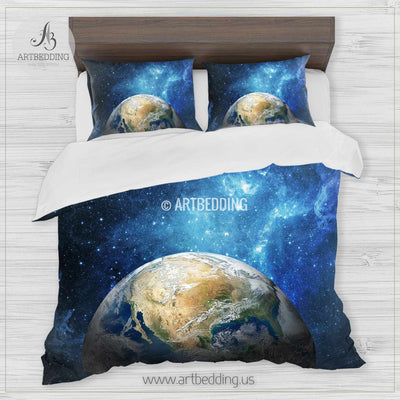 Galaxy bedding set, Earth from space duvet cover set, Stars nebula Bedding set, Cosmos bedroom decor Bedding set