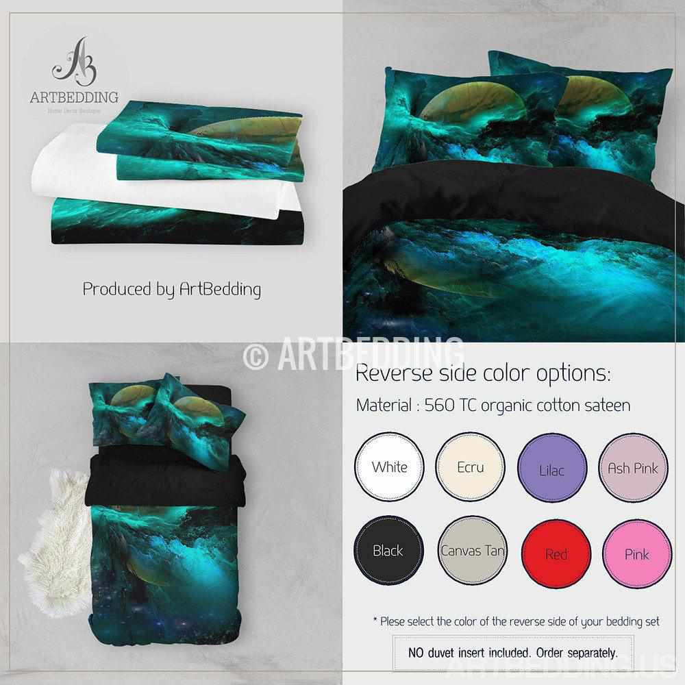 Galaxy bedding set, Green nebula fantasy planet duvet cover set – ARTBEDDING, image size:1000x1000