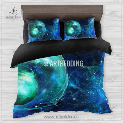 Galaxy bedding set, Green nebula fantasy planet duvet cover set, Stars nebula Bedding set, Space bedroom decor Bedding set