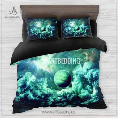 Galaxy bedding set, Green planets in deep space duvet cover set, Green nebula clouds Bedding set, Cosmos bedroom decor Bedding set