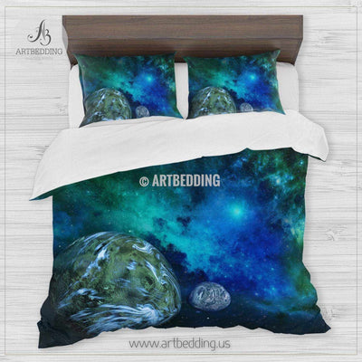 Galaxy bedding set, Green planets in deep space duvet cover set, Green nebula clouds Bedding set, Cosmos bedroom decor Bedding set