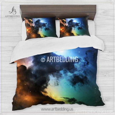 Galaxy bedding set, multicolor space duvet cover set, Stars clouds nebula Bedding set, Cosmos bedroom decor Bedding set