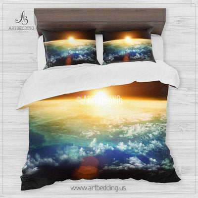 Galaxy bedding set, Sun behind Earth duvet cover set, Cosmos bedroom decor Bedding set