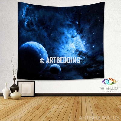 Galaxy Tapestry, Blue fantasy planets in deep space wall tapestry, Planets in space Galaxy tapestry wall hanging, Stars galaxy wall tapestries, Galaxy home decor, Space wall art print, Space wall hanging, Planets in deep space blue nebula galaxy wall art