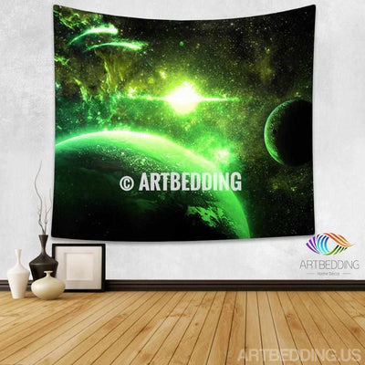 Galaxy Tapestry, Green nebula planets in deep space wall tapestry, Planets in space Galaxy tapestry wall hanging, Stars galaxy wall tapestries, Galaxy home decor, Space wall art print, Space wall hanging, Planets in deep space green nebula galaxy wall art