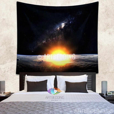 Galaxy Tapestry , Sunrise over Earth wall tapestry, Space tapestry wall hanging, Galaxy home decor, Earth wall art print