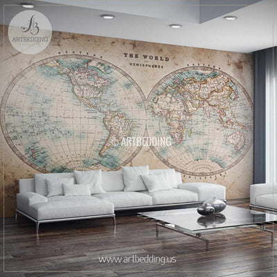 Genuine stained world map from mid 1800's Hemisphere Wall Mural, Self Adhesive Peel & Stick Photo Mural, Atlas wall mural, mural home decor wall mural