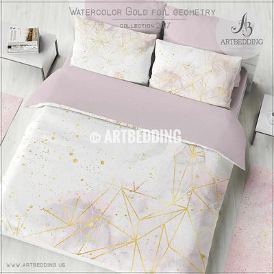Gold geometry Duvet cover,  Delicate light pink and gray handpainted watercolor texture with gold foil geometry pattern duvet cover, artbedding duvet cover