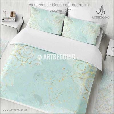 Gold geometry Duvet cover,  Delicate sky blue handpainted watercolor texture with gold foil circle geometry pattern duvet cover, artbedding duvet cover