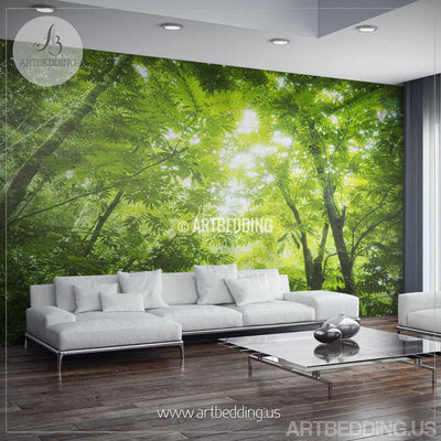 Green forest Wall Mural, Photo Mural Sunbeam through green forest treetop Self Adhesive Peel & Stick, Forest wall mural wall mural
