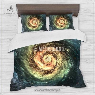 Green spyral galaxy bedding set, deep space spyral galaxy formation with stars duvet bedding set, Space moon bedroom decor Bedding set