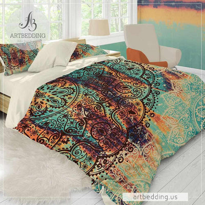 Mandala bedding, Boho green and burnt orange duvet cover set, Ethno Mehendi Henna Madala duvet set, Bohemian bedroom decor-ARTBEDDING