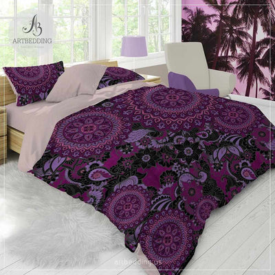 Boho Mandala bedding, Black and plum Mandala duvet cover set, Boho bedding, mandala bedspread-ARTBEDDING