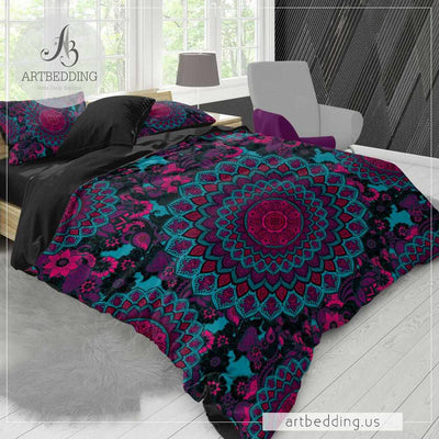 Boho Mandala bedding, Turquoise and fuschia pink Mandala duvet cover set, Boho bedding, mandala bedspread-ARTBEDDING