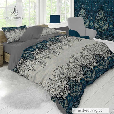 Ethno Indian bedding, Indie teal blue and tan duvet cover set, Traditional India boho comforter set, bohemian bedroom decor-ARTBEDDING