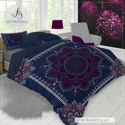 Mandala bedding, Blue and plum Mandala duvet cover set, Henna Mehendy mandala quilt cover set, boho bedspread-ARTBEDDING