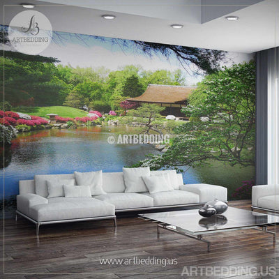 Japanese garden Wall Mural, Photo Mural Japanese tea house with flowers Self Adhesive Peel & Stick, Nature wall mural wall mural
