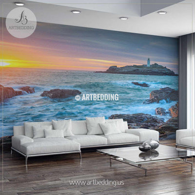 Lighthouse overlooking the sun setting on the horizon Wall Mural, Self Adhesive Peel & Stick wall mural wall mural