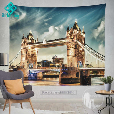 London Tower bridge wall tapestry, Tower bridge on sunset wall tapestry, London landmark wall decor, London famous building view wall interior, artbedding cityscape wall decor