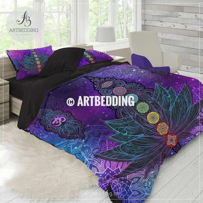Lotus rainbow mandala Boho bedding, Chakra Lotus bedding, Rainbow galaxy mandala yoga  comforter set, bohemian spirit bedroom decor Bedding set