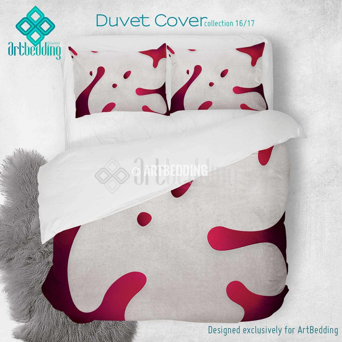 Magenta Duvet cover, white grunge splashes duvet cover bedroom decor ...