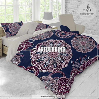 Mandala bedding, Blue and plum mandala bohemian bedding, Purple blue bohemian mandala comforter set, Boho purple bedroom interior Bedding set