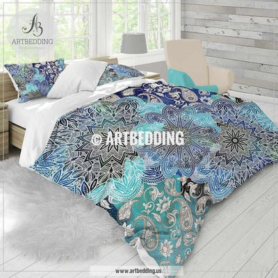 Mandala bedding, Blue strokes Mandala bedding, Navy blue and turquoise mandala comforter set, bohemian bedroom decor Bedding set