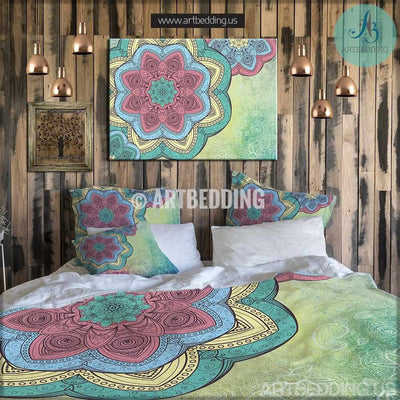 Mandala bedding, Bohemian bright colors mandala duvet cover set, Boho bedding, Bohemian rustic bedroom decor Bedding set
