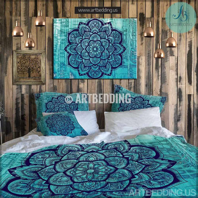 Mandala bedding, Bohemian turquoise Mandala duvet bedding set, Bohemian bedroom, turquoise bohochic bedroom interior, artbedding art Bedding set