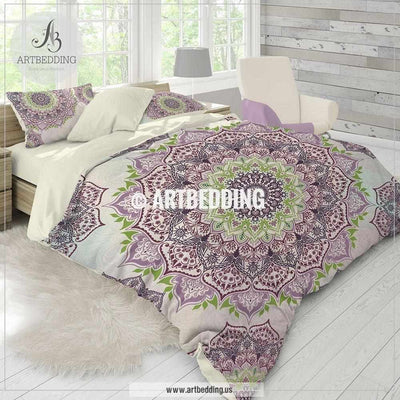 Mandala bedding, Green and purple Mandala bedding, Vintage ornamental mandala comforter set, bohemian bedroom decor Bedding set